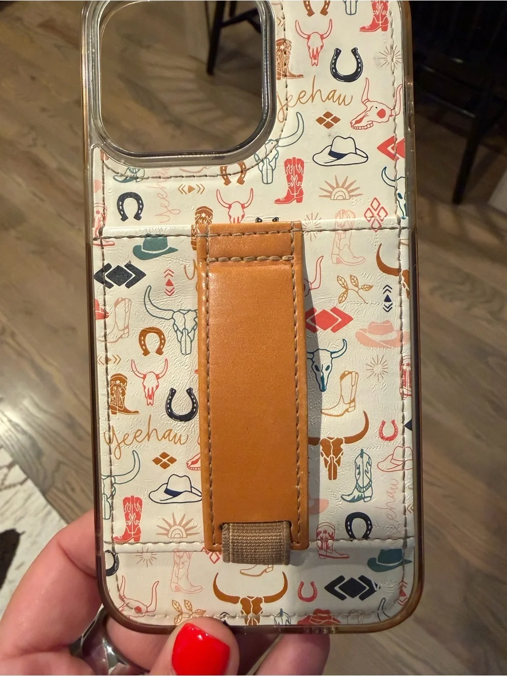 Western Pattern Phone Case with Tan Leather Strap - iPhone 14 Pro Max